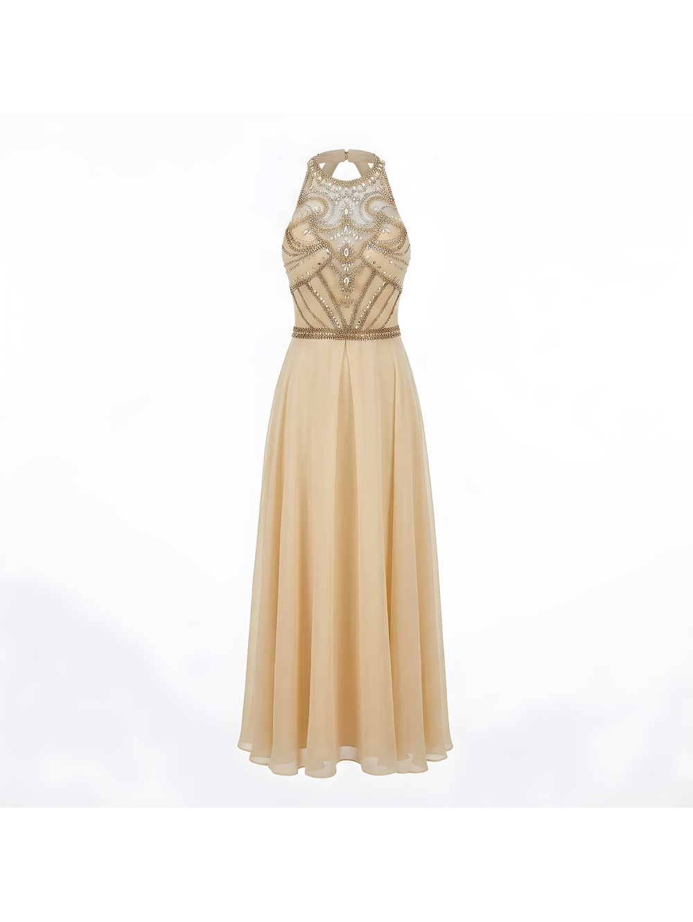 Vintage Tony Bowls Paris Beaded Halter Maxi Dress in Champagne